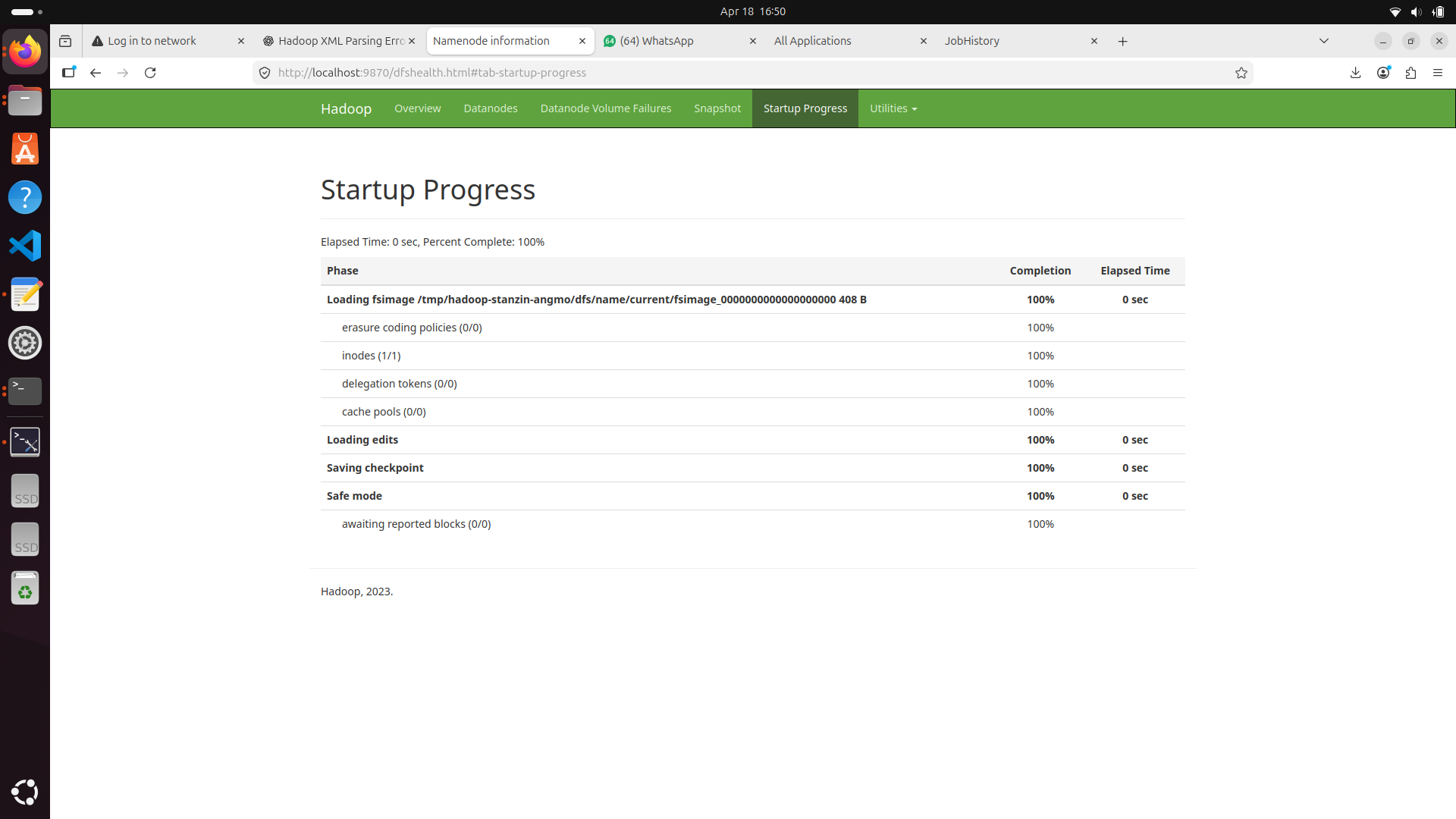 Hadoop terminal output showing startup of cluster