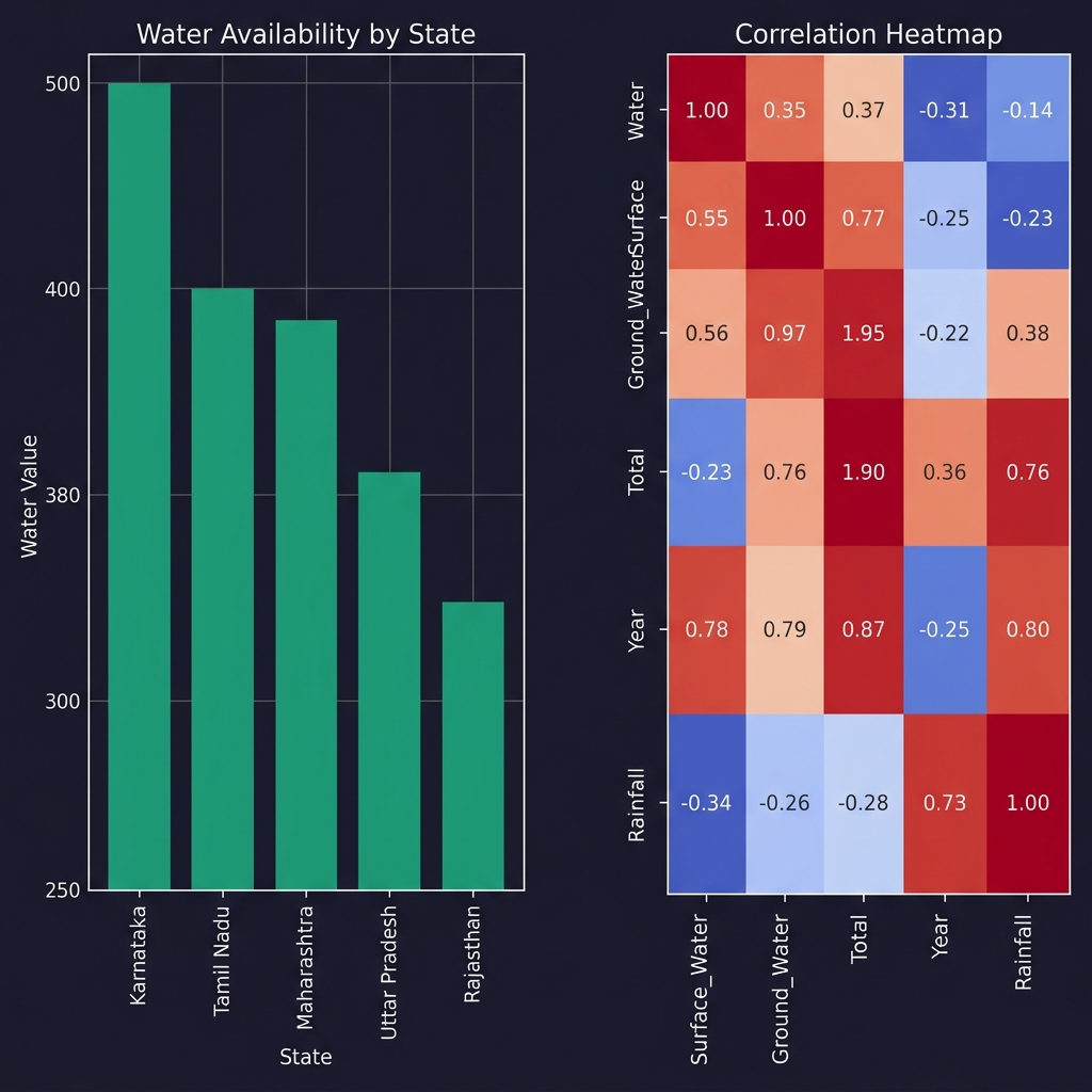 Bar chart showing water availability by state and correlation heatmap with coolwarm colormap