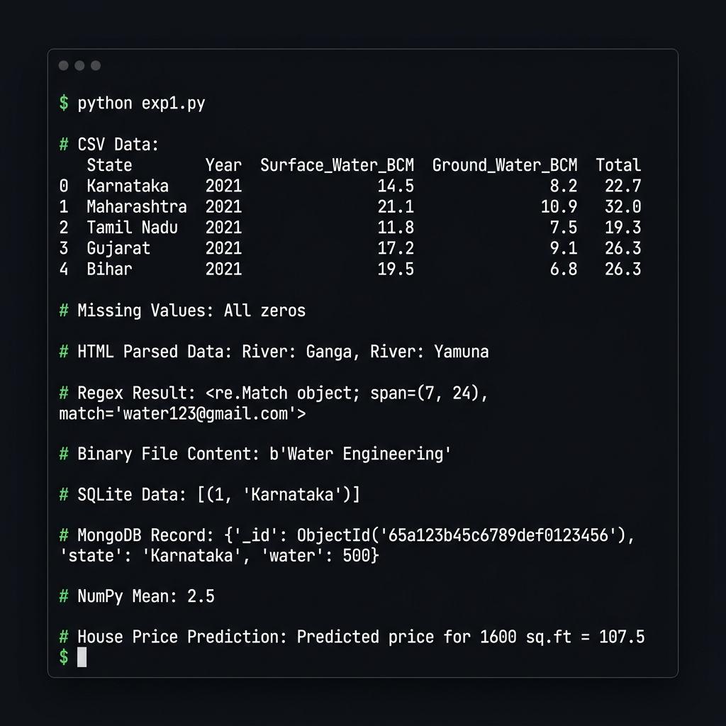 Python terminal output showing CSV data, HTML parsing, Regex match, Binary file content, SQLite, MongoDB, NumPy and ML prediction results